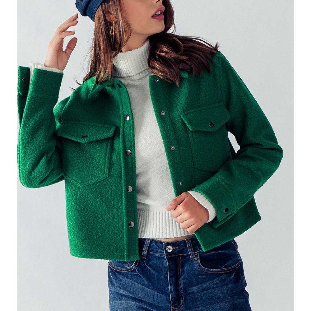 LAST ONE!! Green Curly Sherpa Cropped Shacket - Picture 2 of 7